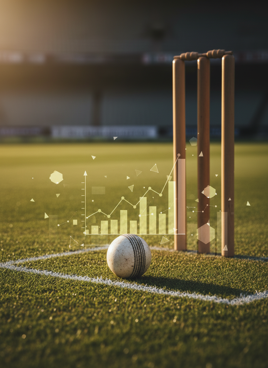 A close-up photographic realism shot of a worn, slightly scuffed white cricket ball resting exactly on the popping crease, beside three wooden stumps and freshly cut green grass. Around the ball, translucent overlay-style graphics float in the air, resembling odds ladders and fluctuating market bars, symbolizing Khai vs Lgana style trading without any text or numbers. Strong side lighting from a low golden-hour sun casts long shadows from the stumps, creating a gritty, high-stakes atmosphere. Captured from a low angle with shallow depth of field, the ball and crease are razor sharp while the outfield and stands blur into a moody, dramatic background.