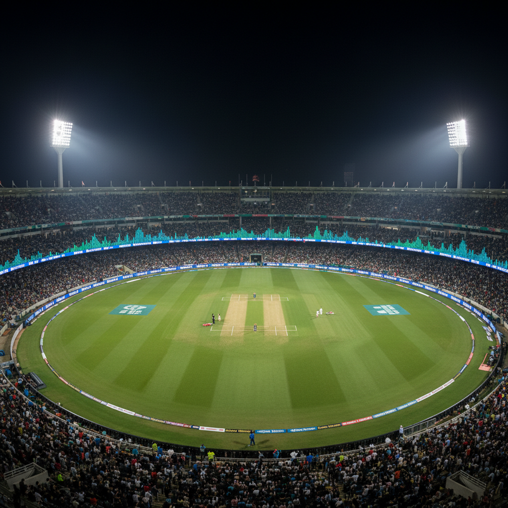 A dramatic aerial photographic view of a packed cricket stadium under bright floodlights, the lush green pitch forming a crisp oval at the center with clearly marked wicket strips and boundary ropes. Electronic scoreboard panels glow at the edges, abstract graphs and fluctuating lines subtly hinting at live betting markets without any readable text. The night sky above is deep navy, with beams of light cutting through a faint haze. Captured with sharp focus and wide-angle composition, the mood is bold, tense, and electric, emphasizing high-stakes cricket drama without showing any human figures, just gear, pitch details, and towering stands.